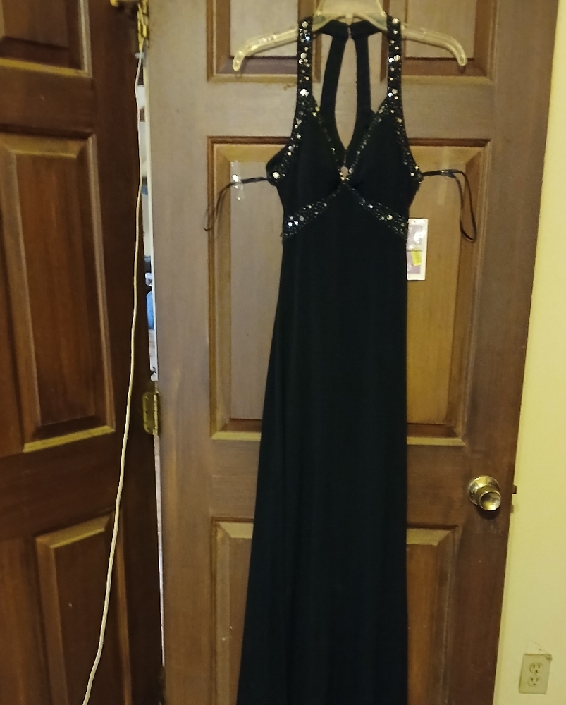 Adrianna Papell Black Embellished Halter Gown